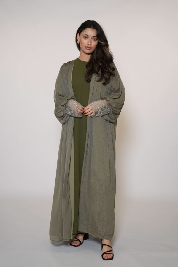 Sweene Shimmer Abaya – Elegantes Olive mit dezentem Glanz - Image 4