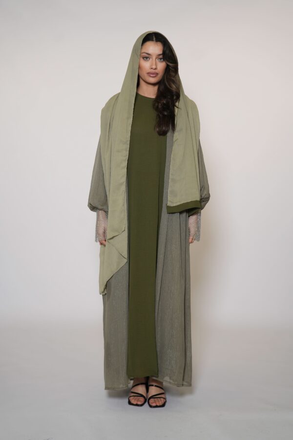 Sweene Shimmer Abaya – Elegantes Olive mit dezentem Glanz - Image 6