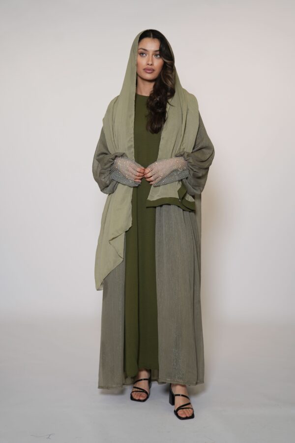 Sweene Shimmer Abaya – Elegantes Olive mit dezentem Glanz - Image 7