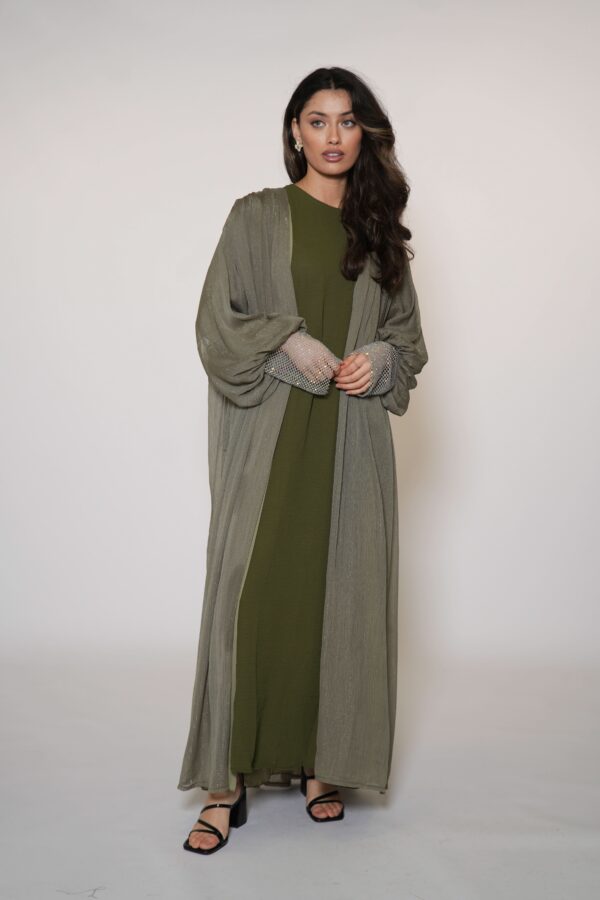 Sweene Shimmer Abaya – Elegantes Olive mit dezentem Glanz - Image 3
