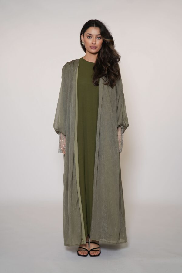 Sweene Shimmer Abaya – Elegantes Olive mit dezentem Glanz